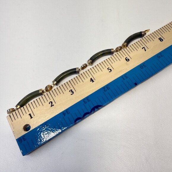 Nephrite Jade Circular Panel Bracelet Vintage Gold-Tone Chinese Symbols - Picture 3 of 10